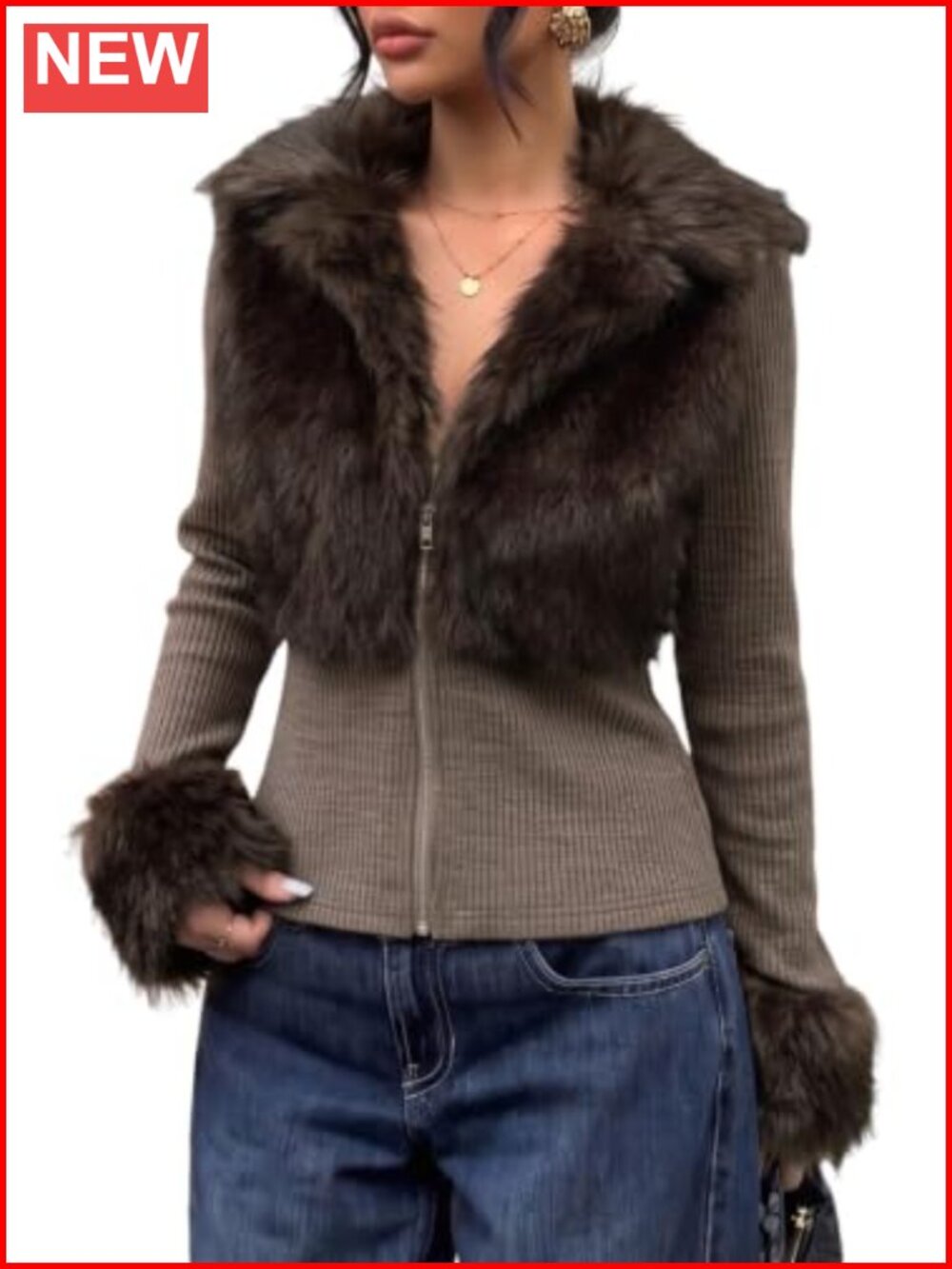 Faux Fur Fuzzy Zip Up Knit Jacket Slim Fit Winter Outwear